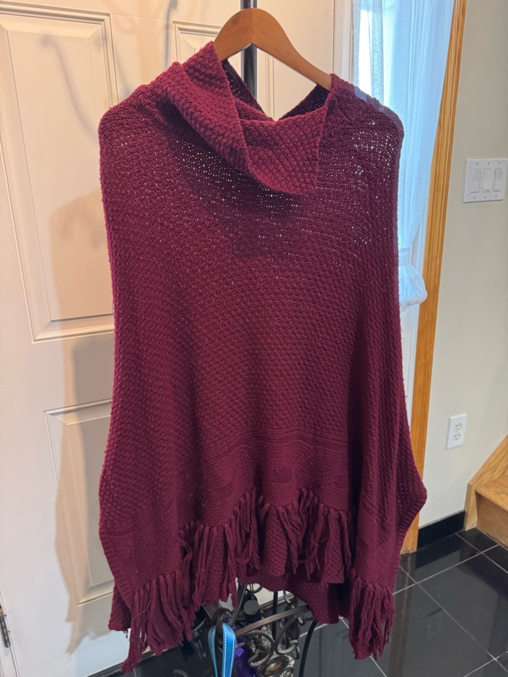Coldwater Creek Burgundy Hooded Fringe Poncho